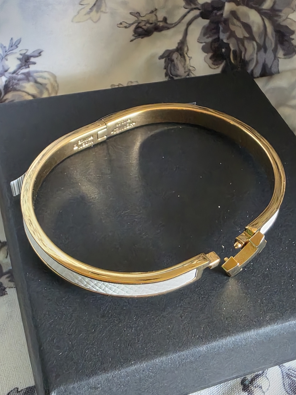 Gold and White Hinged Bangle Bracelet